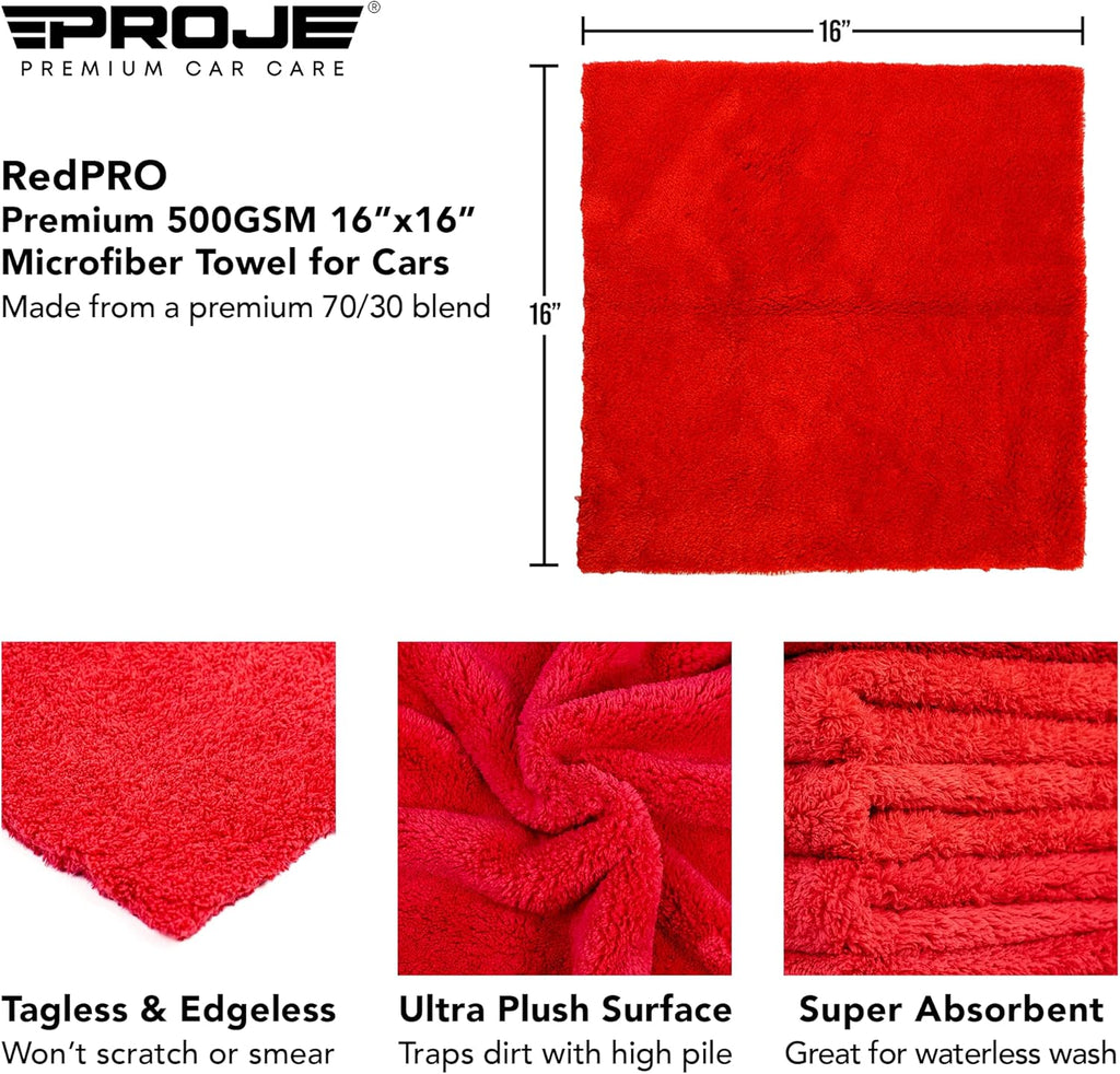 Red Microfiber Towel for Car - Ultra Absorbent - Car Drying, Polishing, Buffing Cloth & Interior Detailing Towel - 500 GSM 16X16In - Auto Detailing Supplies - Pack of 3