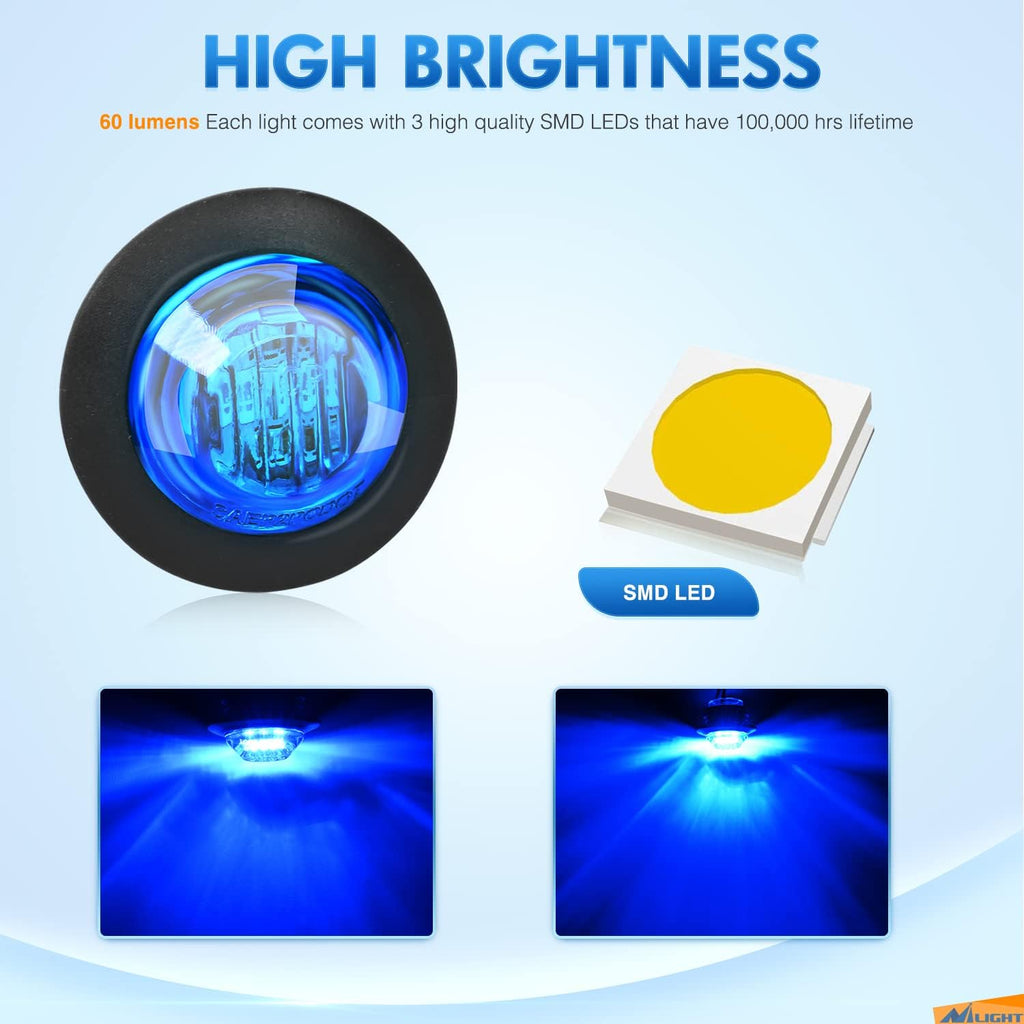 10 PCS 3/4 Inch round LED Clearance Light Front Rear Side Indicator Bullet Marker Lamp for Truck RV Car Bus Trailer Van Caravan Boat, Blue