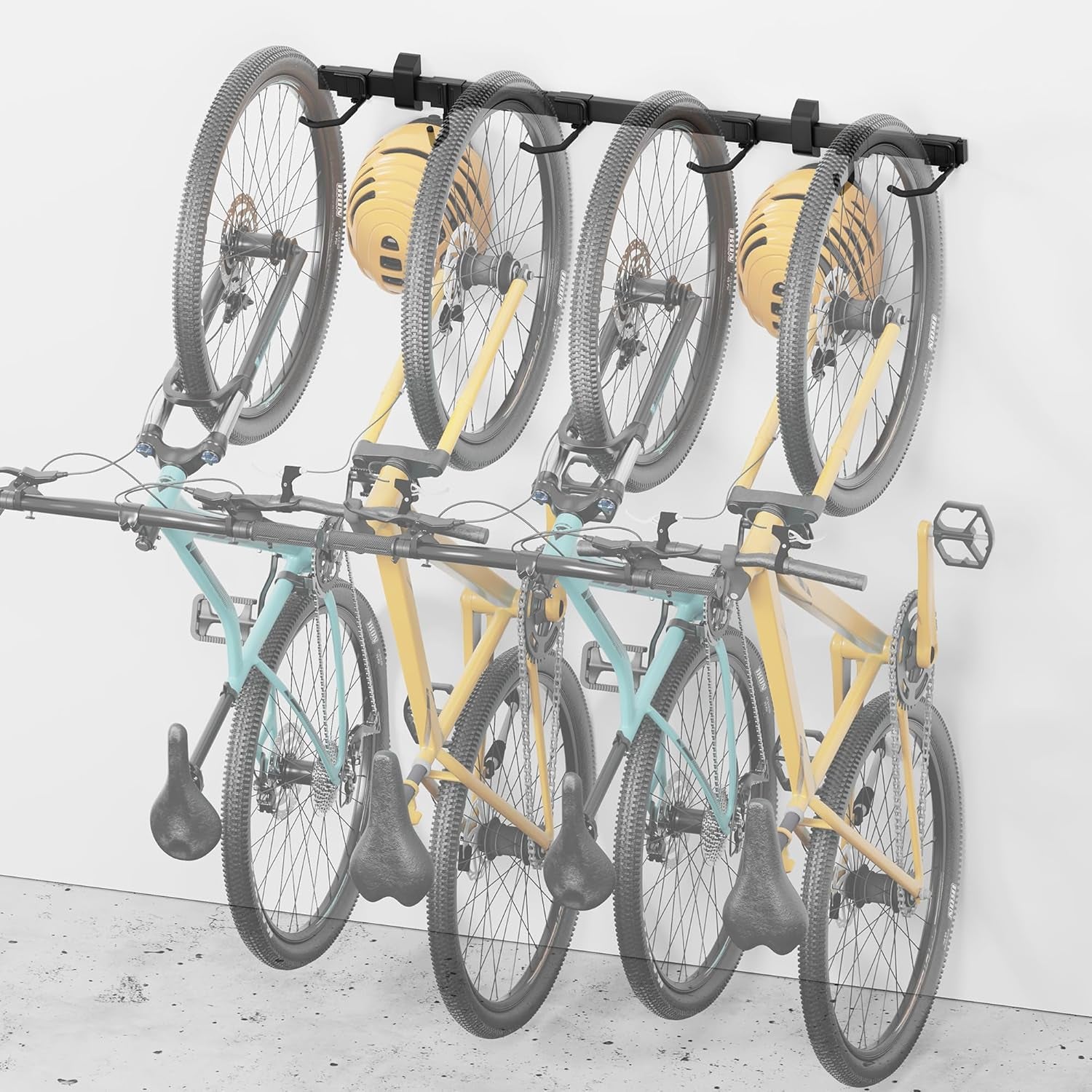 Enhanced Bike Storage Rack, Adjustable 4-Bike and 2-Helmet Hangers for Indoor Bike Storage, Customizable for Various Bike Sizes, Heavy-Duty Steel Bike Wall Mount, Max Load 265Lbs, 48-In