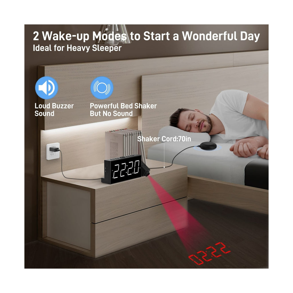Projection Digital Alarm Clock with Bed Shaker for Bedrooms, Extra Loud Alarm...
