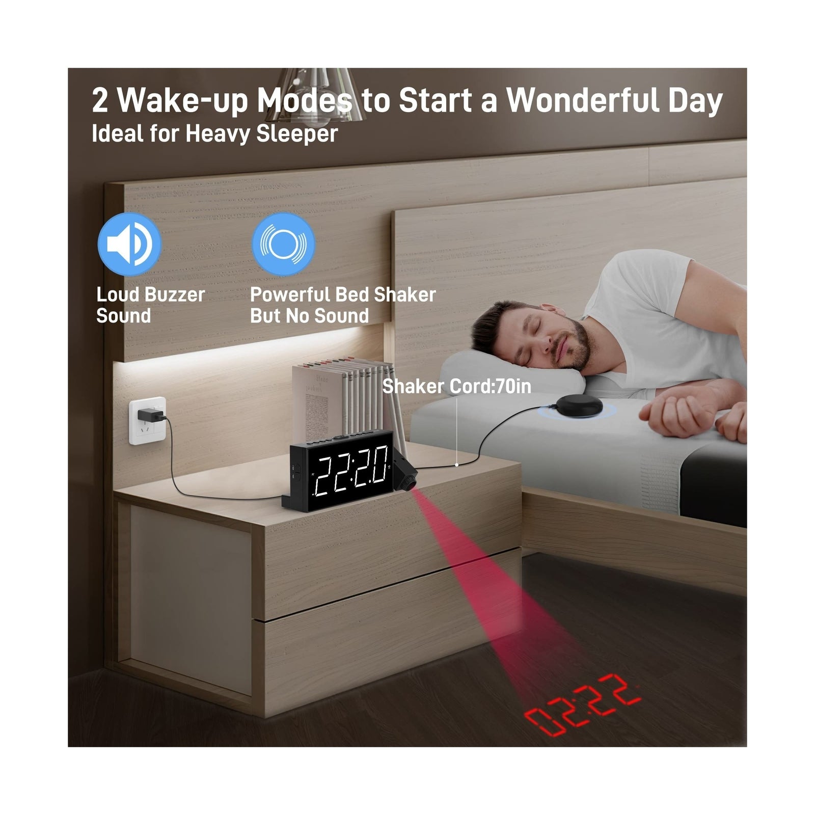 Projection Digital Alarm Clock with Bed Shaker for Bedrooms, Extra Loud Alarm...