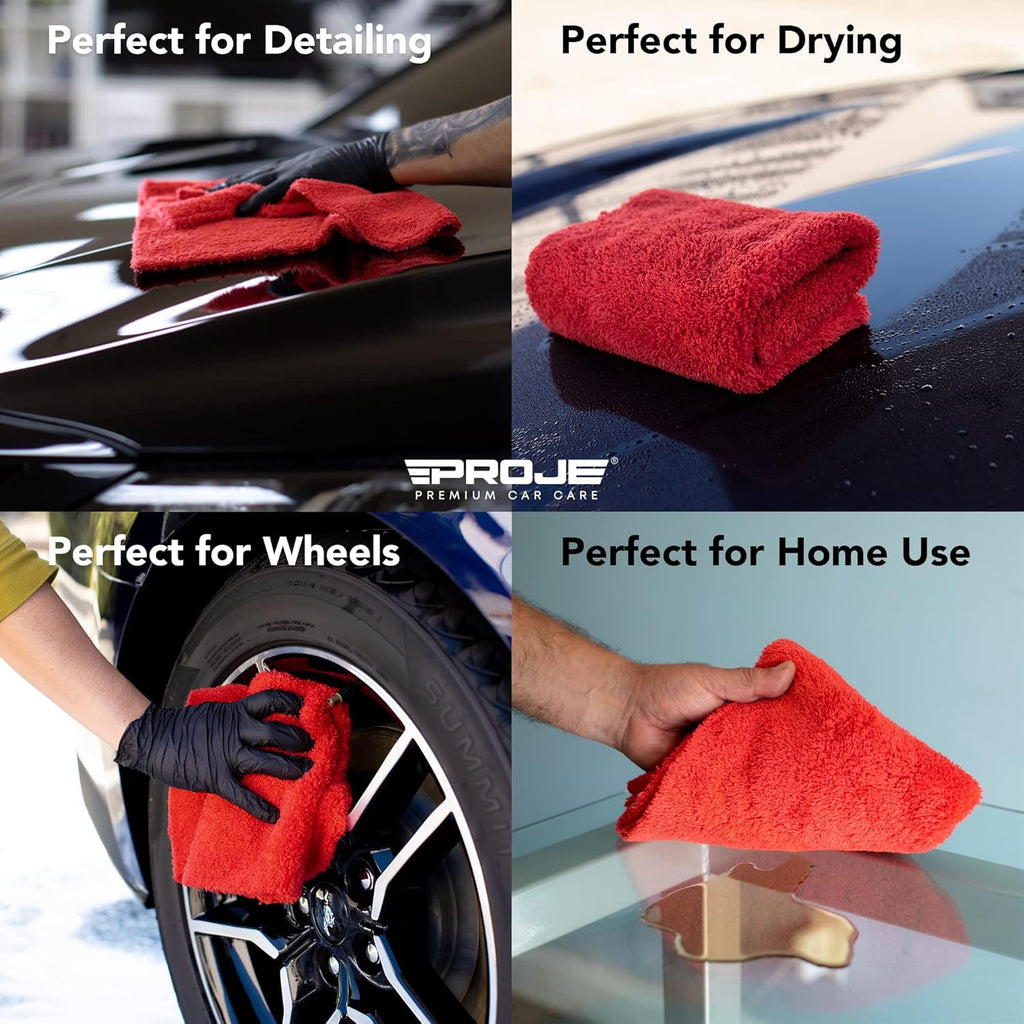 Red Microfiber Towel for Car - Ultra Absorbent - Car Drying, Polishing, Buffing Cloth & Interior Detailing Towel - 500 GSM 16X16In - Auto Detailing Supplies - Pack of 3