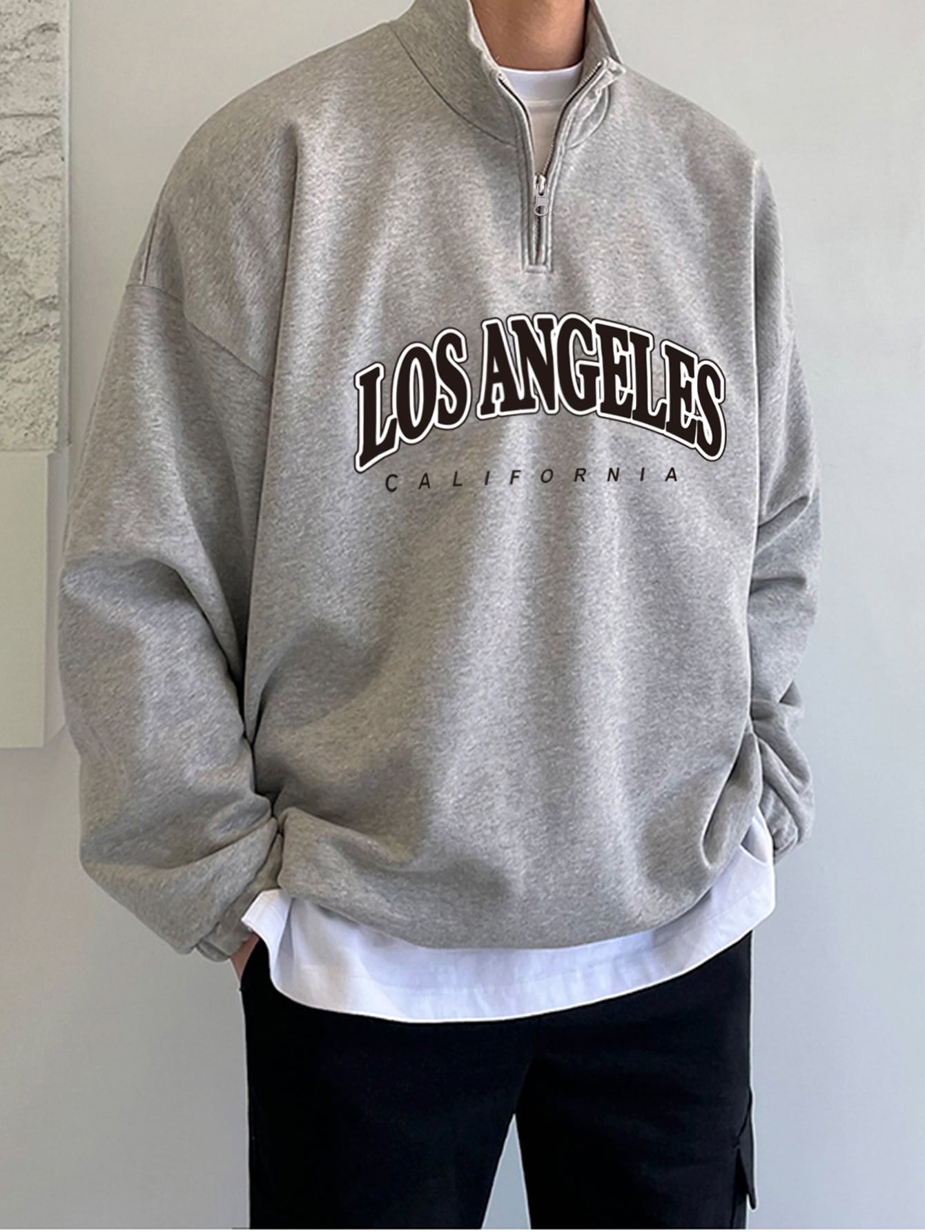 Claim Dot Men Letter Graphic Quarter Zipper Drop Shoulder Loose Sweatshirt without Tee, Light Grey Letter Long Sleeve Casual Mock Neck Sweatshirt, for Friends, Husband, Boyfriend Gifts, Fall