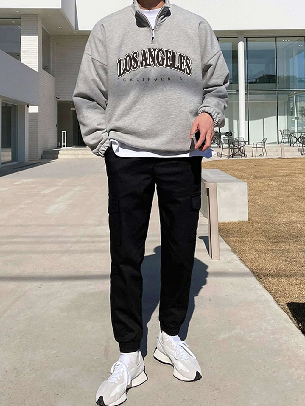 Claim Dot Men Letter Graphic Quarter Zipper Drop Shoulder Loose Sweatshirt without Tee, Light Grey Letter Long Sleeve Casual Mock Neck Sweatshirt, for Friends, Husband, Boyfriend Gifts, Fall