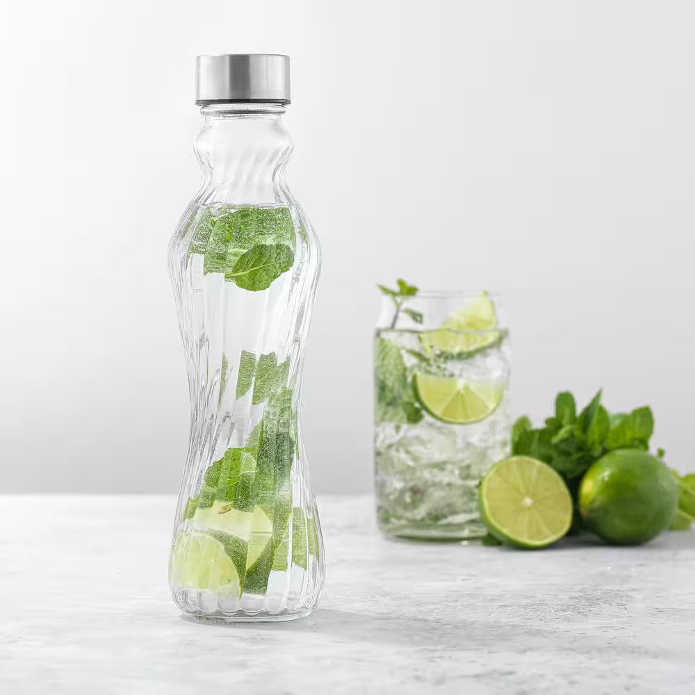 Spring 16 Oz. Clear Glass Fluted Water Bottles with Stainless Steel Cap (Set of 6)