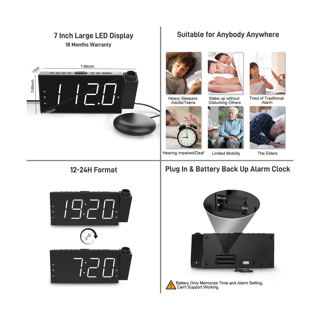 Projection Digital Alarm Clock with Bed Shaker for Bedrooms, Extra Loud Alarm...