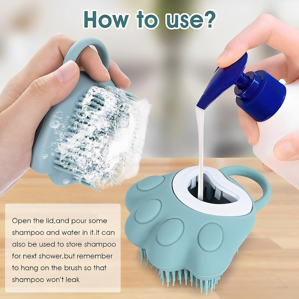 Pet Grooming Brush, Silicone Rubber Dog Bath Brush Comb, Soft Silicone Puppy Massage Brush Hair Fur Grooming Cleaning Brush with Shampoo Dispenser, Blue
