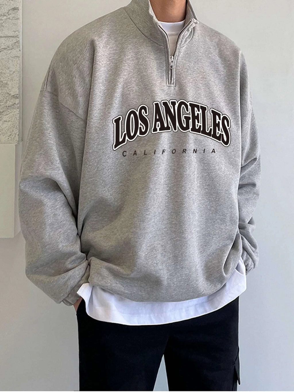 Claim Dot Men Letter Graphic Quarter Zipper Drop Shoulder Loose Sweatshirt without Tee, Light Grey Letter Long Sleeve Casual Mock Neck Sweatshirt, for Friends, Husband, Boyfriend Gifts, Fall
