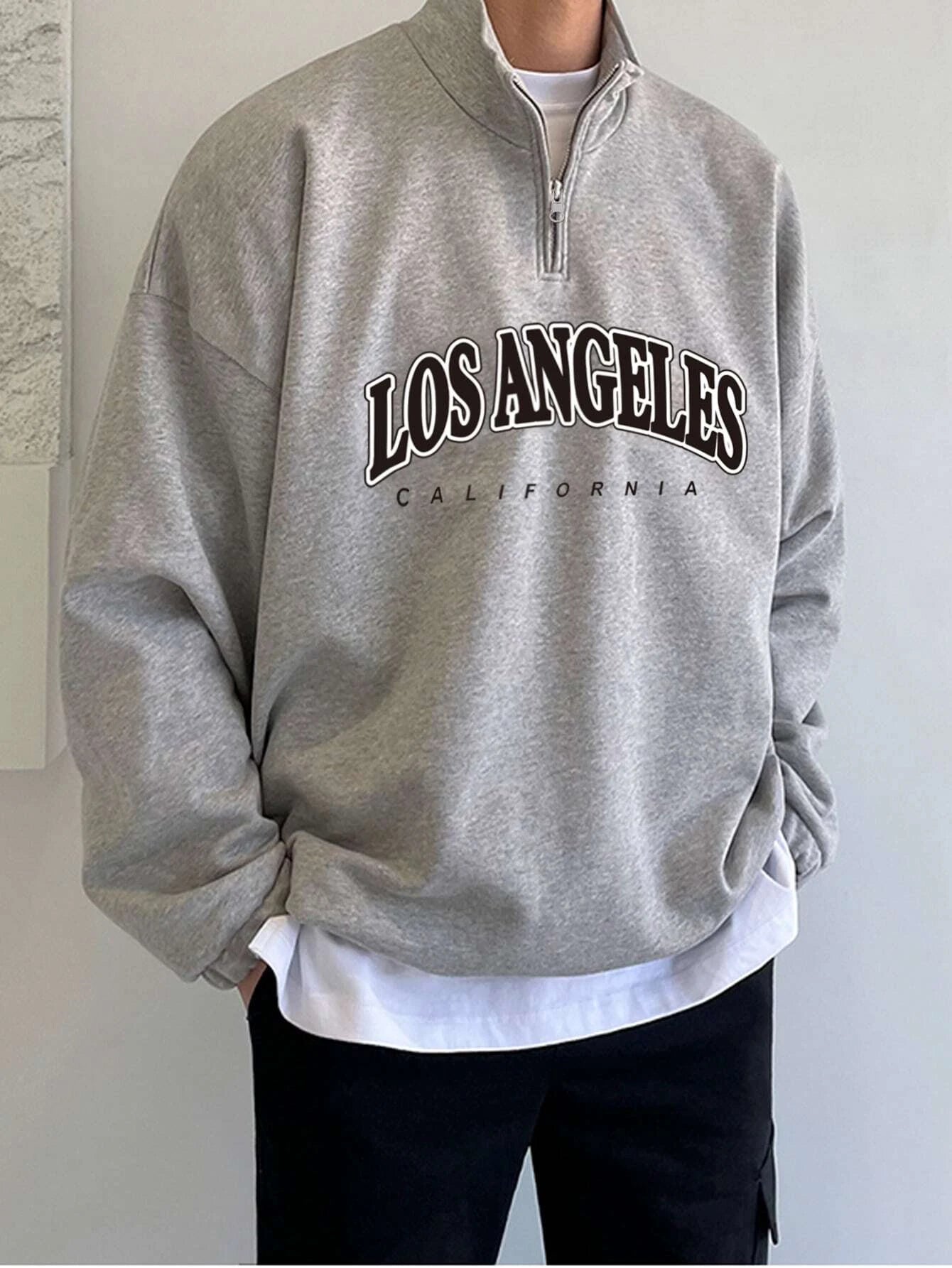 Claim Dot Men Letter Graphic Quarter Zipper Drop Shoulder Loose Sweatshirt without Tee, Light Grey Letter Long Sleeve Casual Mock Neck Sweatshirt, for Friends, Husband, Boyfriend Gifts, Fall