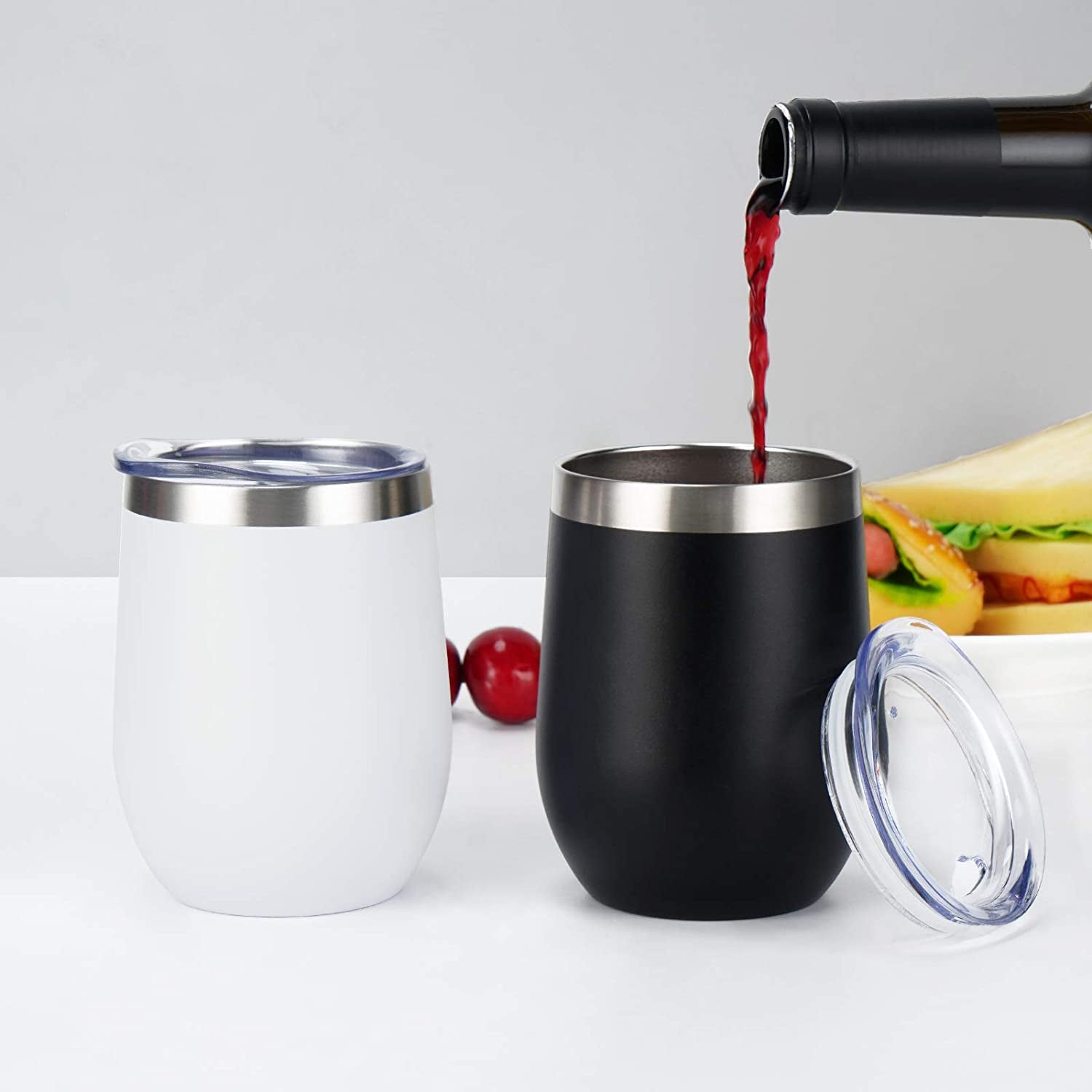 4 Pack 12Oz Stainless Steel Stemless Wine Glasses, Insulated Wine Tumbler, Stainless Steel Wine Tumbler Cups with Lids and Straws for Coffee, Cocktails, Wine, Champaign, Black…