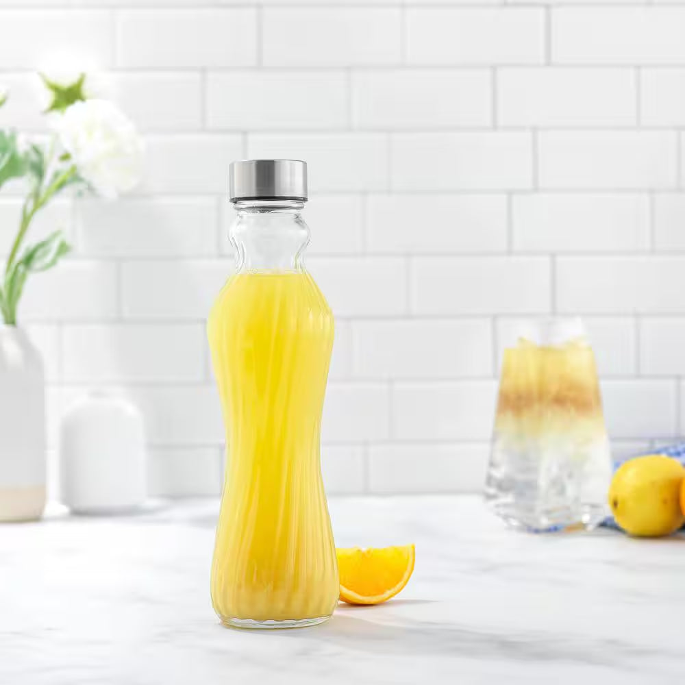 Spring 16 Oz. Clear Glass Fluted Water Bottles with Stainless Steel Cap (Set of 6)