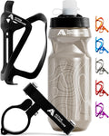 Bike Water Bottle Holder Combo - 20 Oz Squeeze Bottle & Bicycle Mount Cage Rack, No Screws Needed, Durable Alloy - Fits All Handlebar Bikes & MTB Mountain Road - for Adults, Kids (Black)