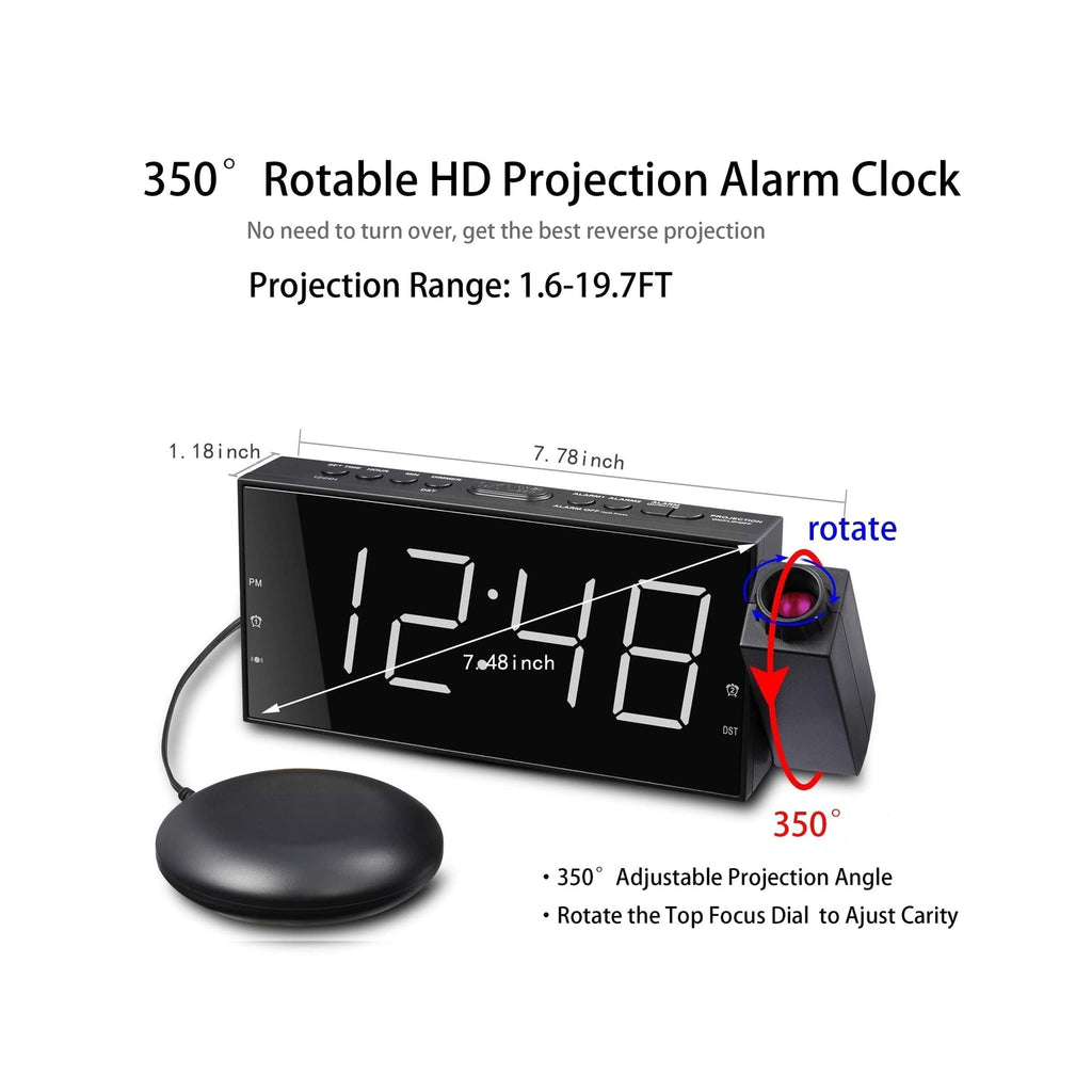 Projection Digital Alarm Clock with Bed Shaker for Bedrooms, Extra Loud Alarm...