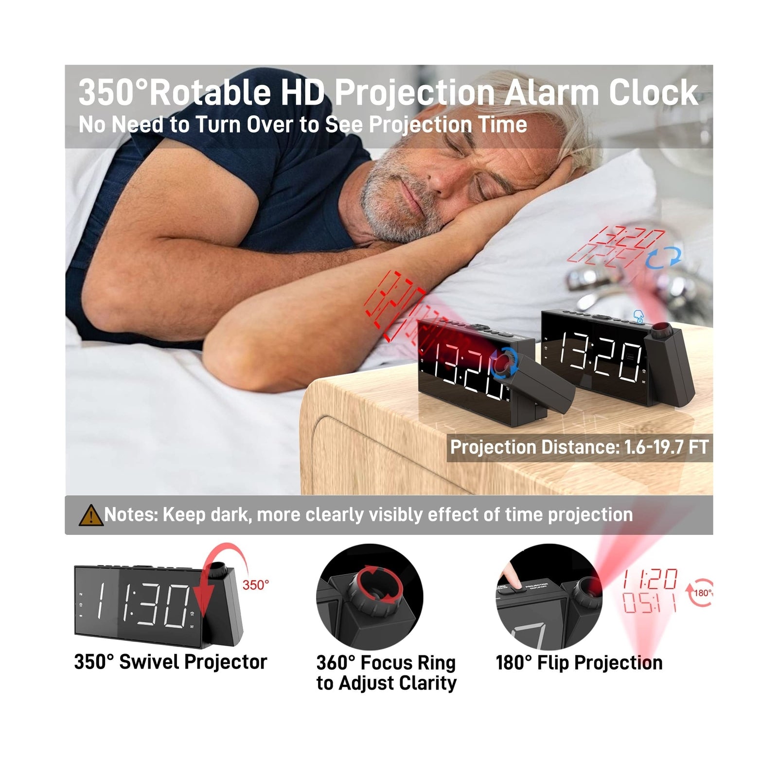 Projection Digital Alarm Clock with Bed Shaker for Bedrooms, Extra Loud Alarm...