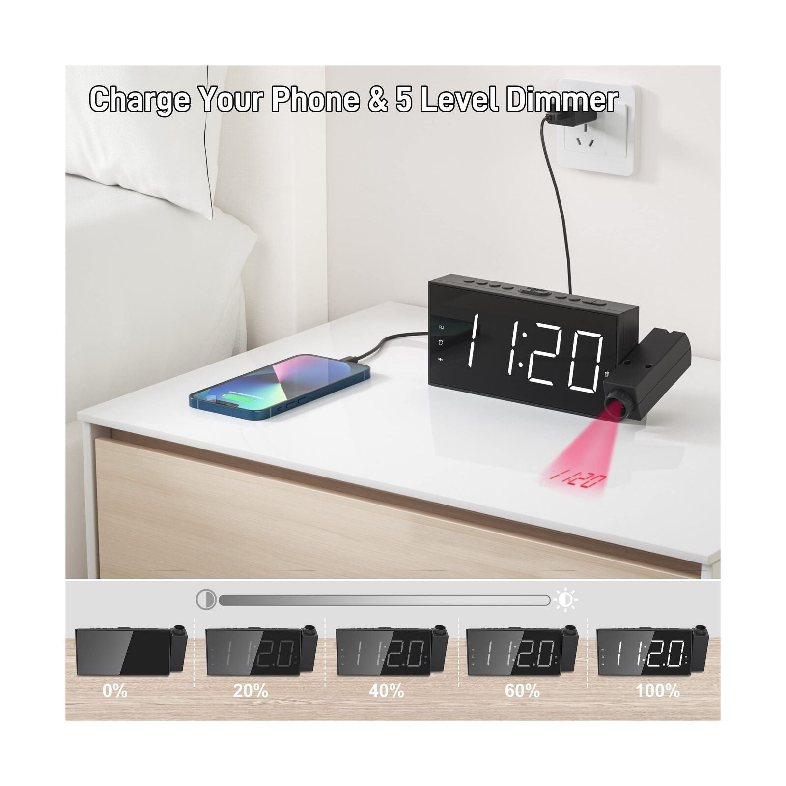 Projection Digital Alarm Clock with Bed Shaker for Bedrooms, Extra Loud Alarm...